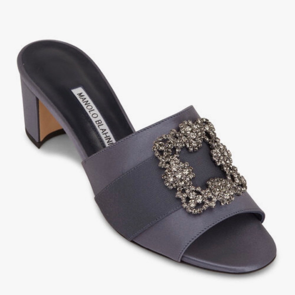 MANOLO BLAHNIK Martanew Blue-Gray Satin Jewel Buckle Mule, 50mm